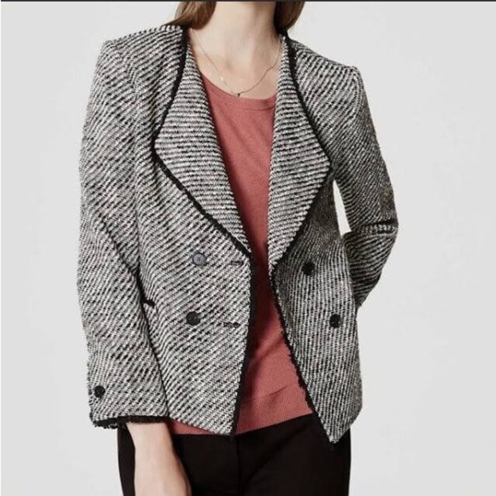 Loft black and white tweed jacket double-breasted fringe size 2